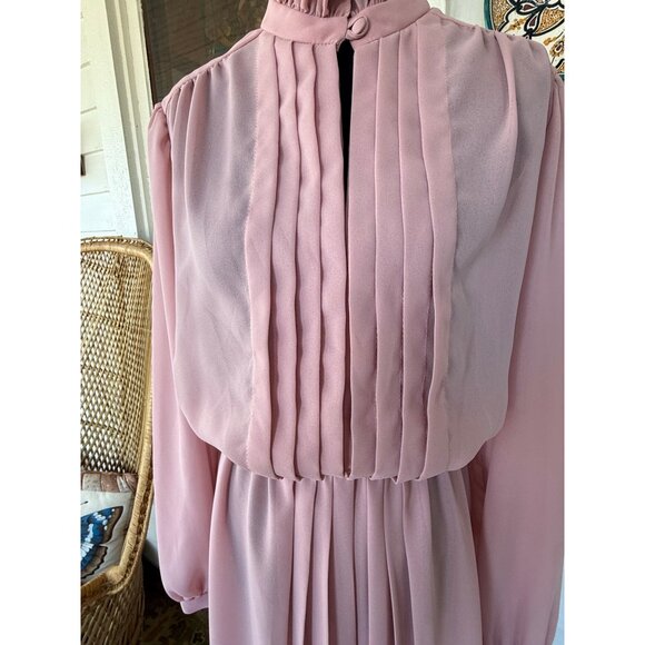 Vintage 70's Mauve Rose Maxi Dress Pleated Front Sheer Poly Chiffon Style Sz XL - Picture 2 of 16